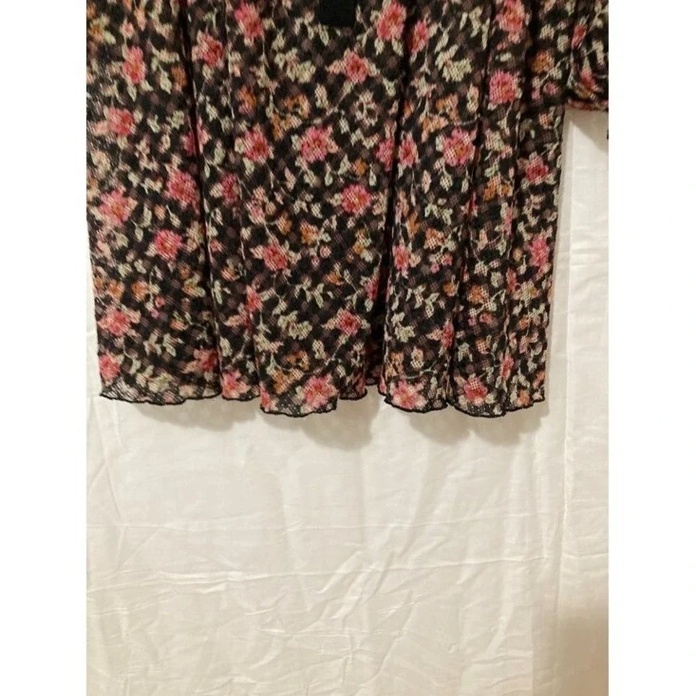 Free People Floral Mesh Blouse Womens Size Medium Black Pink Boho Core 90s Magic